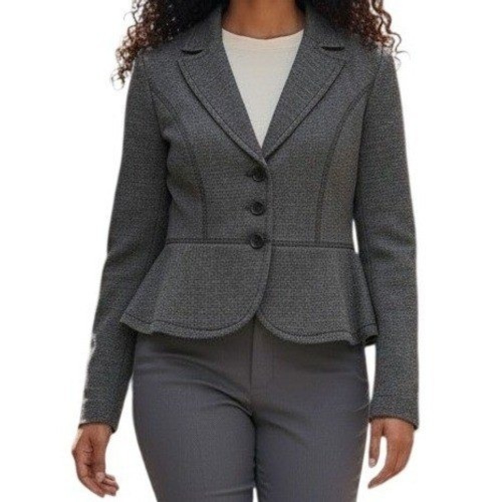 WHITE HOUSE BLACK MARKET Grey Houndstooth Peplum Tweed Blazer EUC Size 8